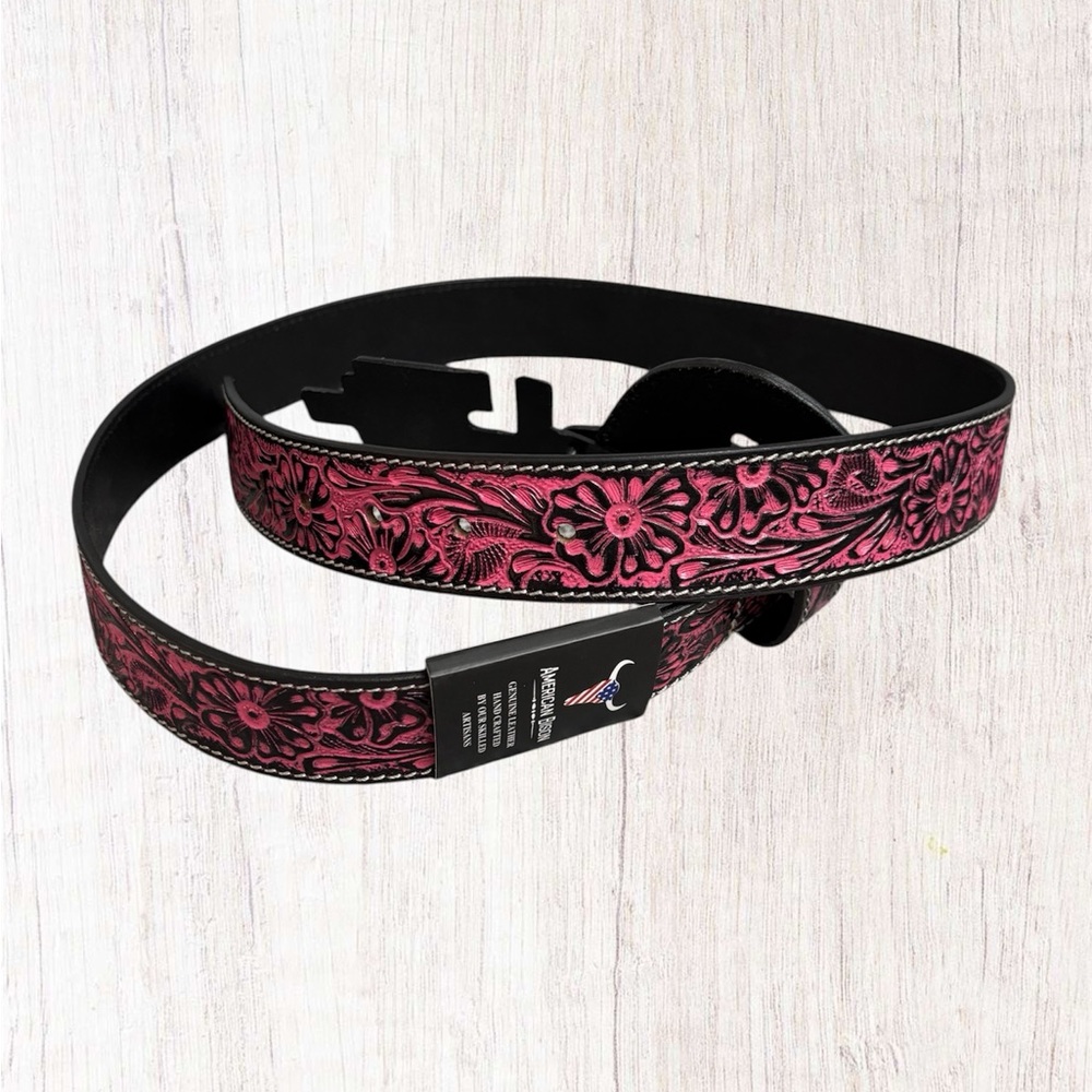 American Bison Women’s Leather Floral Tooled Belt - Picture 6 of 8